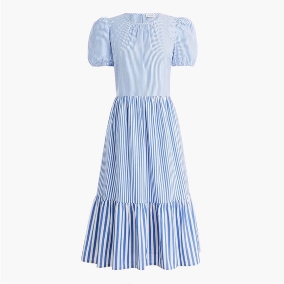 J. Crew blue and white stripe poplin puff sleeve tiered midi dress, size 16 - Picture 8 of 8